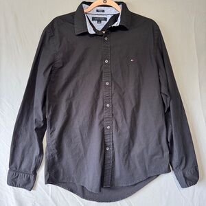 Tommy Hilfiger Mens Button Top L Black Stretch Logo Business Work Office Event